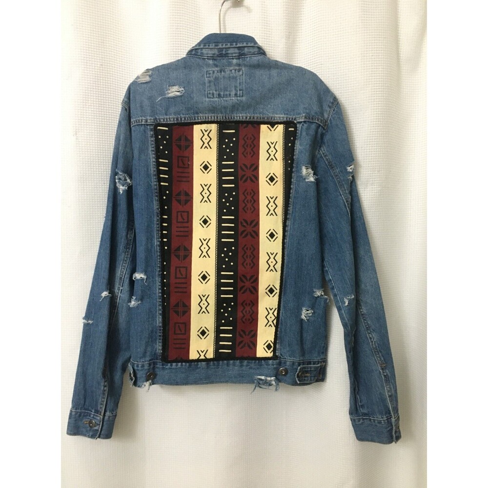 Unisex Jean Jacket Blue Denim Cotton Medium African Fabric One of a Kind OOAK